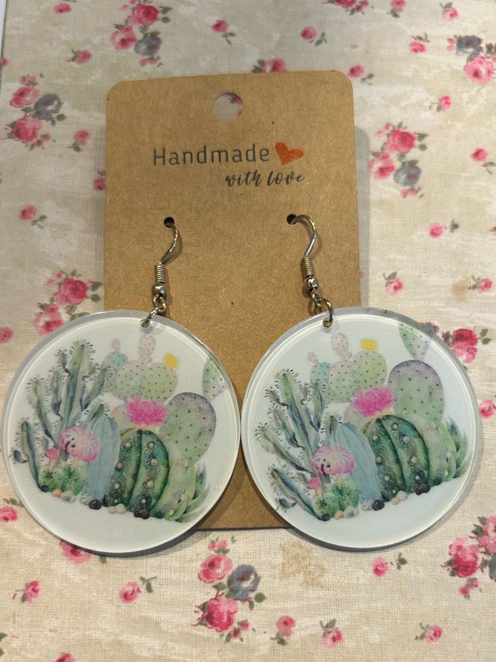 Handmade Cactus Watercolor Round Dangle Earrings - Pink & Green